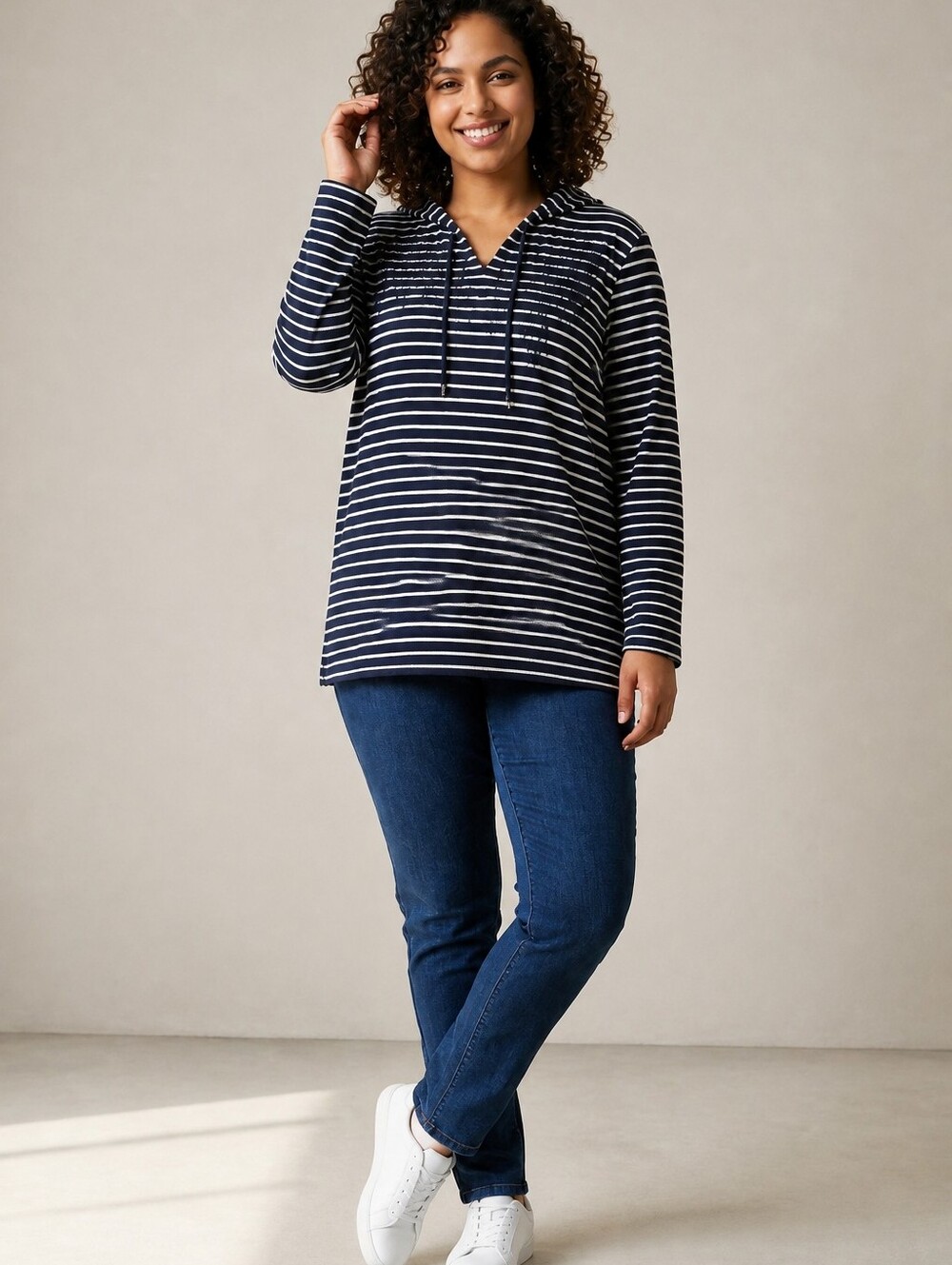 NWT Ulla Popken Ribbed Navy and White Striped Hooded Top ~sz 28/30